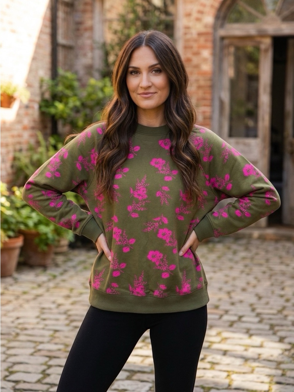 Boden Olive Green Sweatshirt with Hot Pink Floral Print Size Small New
